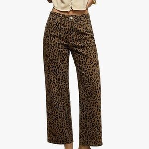 Leopard Print Wide-Leg Women's Jeans - Brown